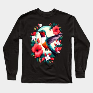 Cute Ruby Throated Hummingbird Surrounded by Spring Flowers Long Sleeve T-Shirt